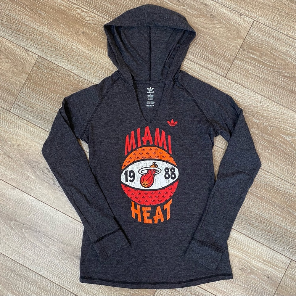 Adidas | Gray Miami Heat Basketball Long Sleeve Hoodie Tee